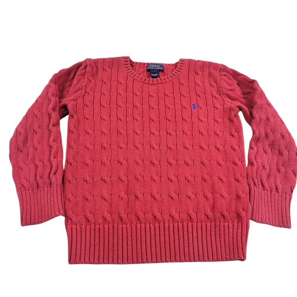Polo Ralph Lauren Sweatshirt Boys 7 Red Cable Knit Blue Pony Fade